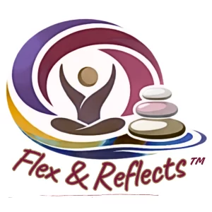 Flex & Reflects logo of a person sitting under a muted rainbow of swilrs with meditative rocks beside them