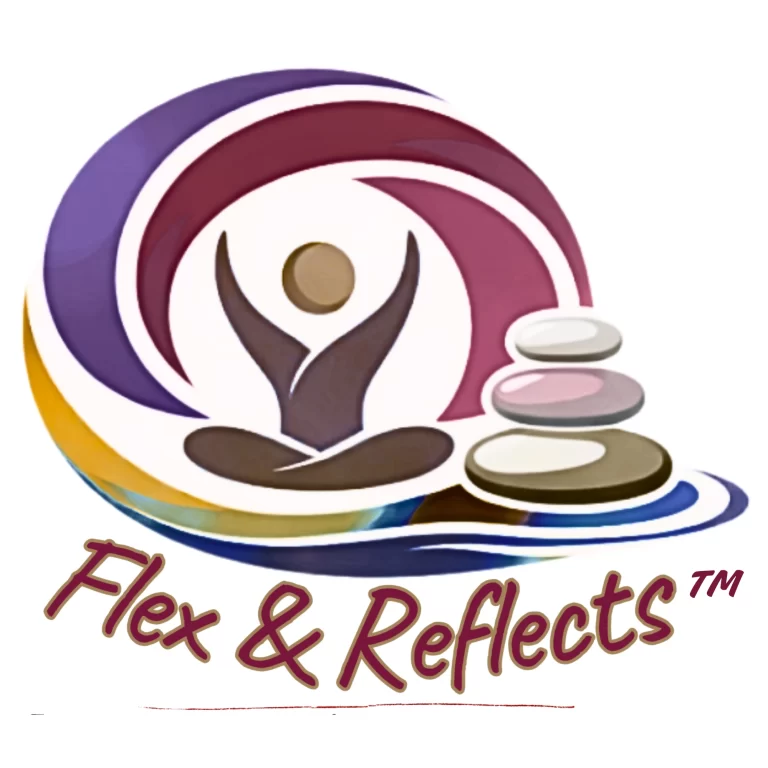 Flex & Reflects logo of a person sitting under a muted rainbow of swilrs with meditative rocks beside them